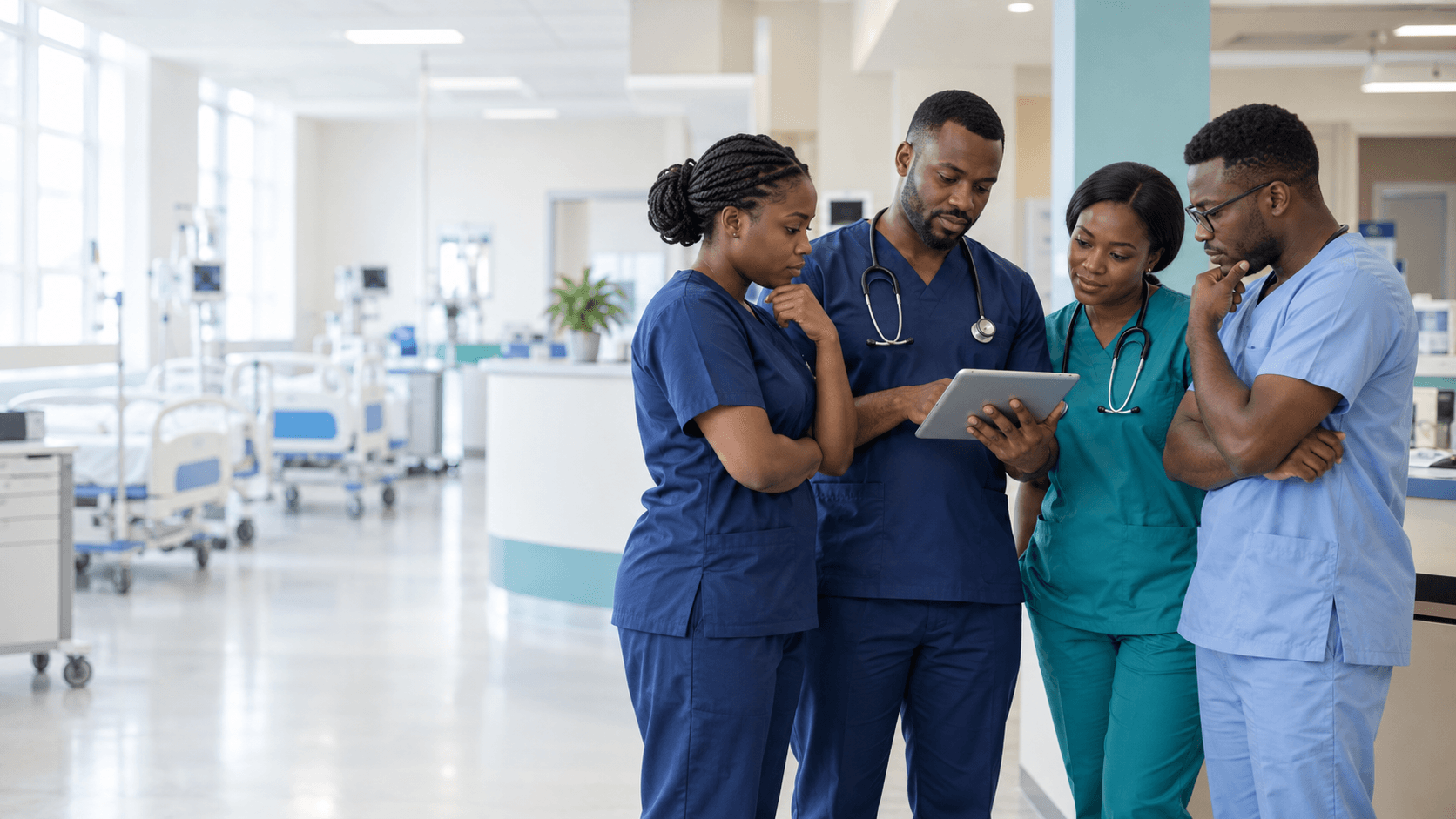 Nigerian doctors and nurses reviewing hospital information together on a tablet