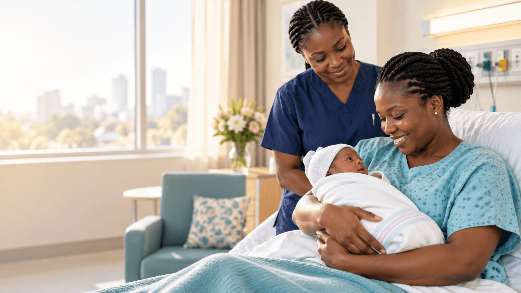 Smiling Nigerian mother safely holding her newborn with a midwife nearby