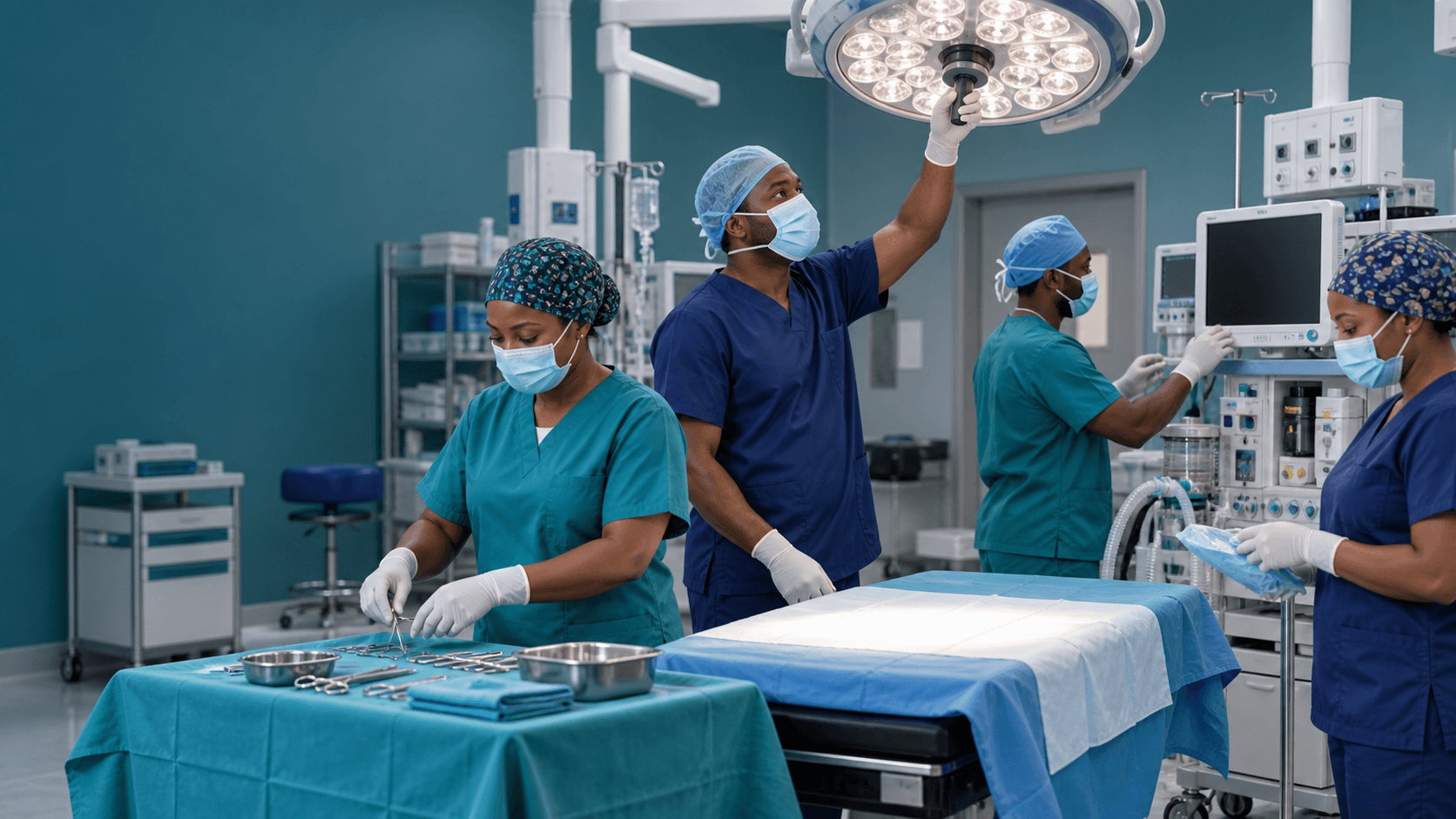 Nigerian surgical team calmly preparing a modern operating theatre